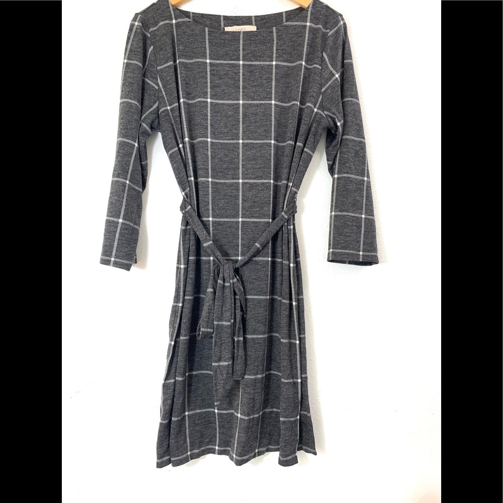 Loft Crew Neck Long Sleeve Dress Pane Pattern Size Large